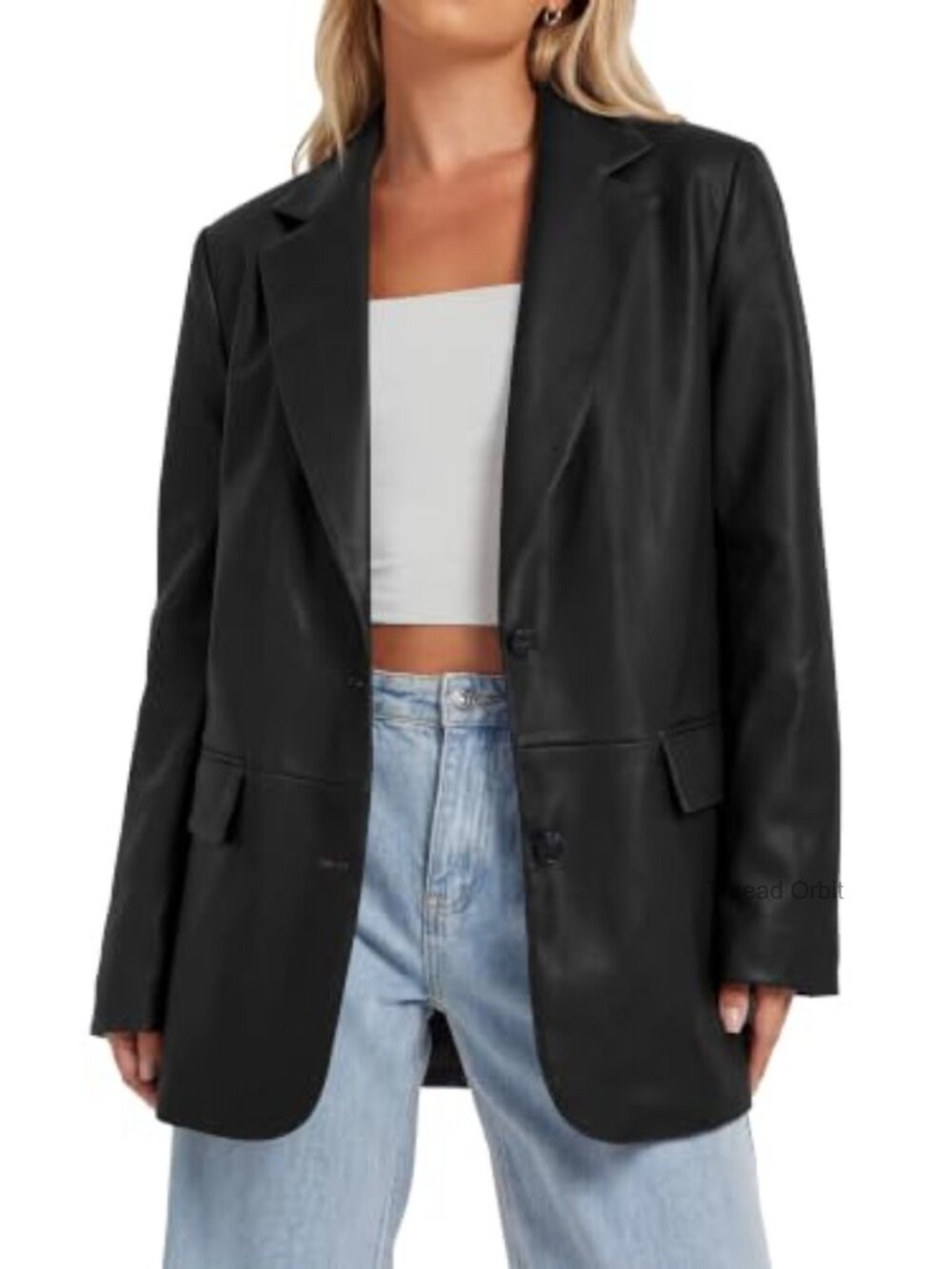 Faux Leather Jacket Women Loose Casual Blazer Flap Pockets